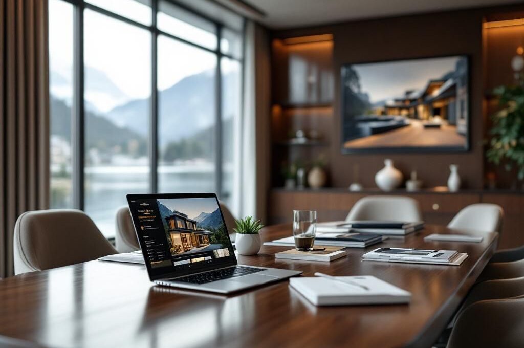 ecran ordinateur ouvert sur bien immobilier de prestige