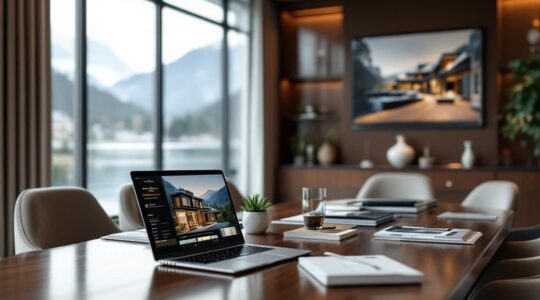 ecran ordinateur ouvert sur bien immobilier de prestige