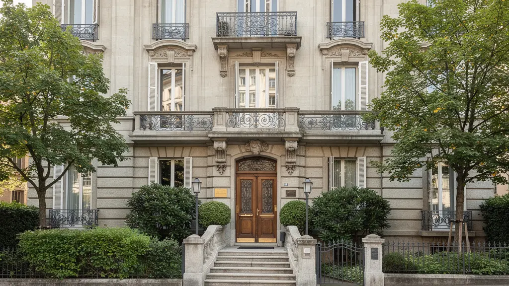 Façade d'immeuble de prestige dans un quartier résidentiel lausannois avec verdure