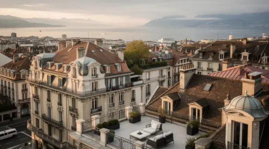 Vue panoramique sur Lausanne avec le lac Léman et immeubles de prestige en premier plan