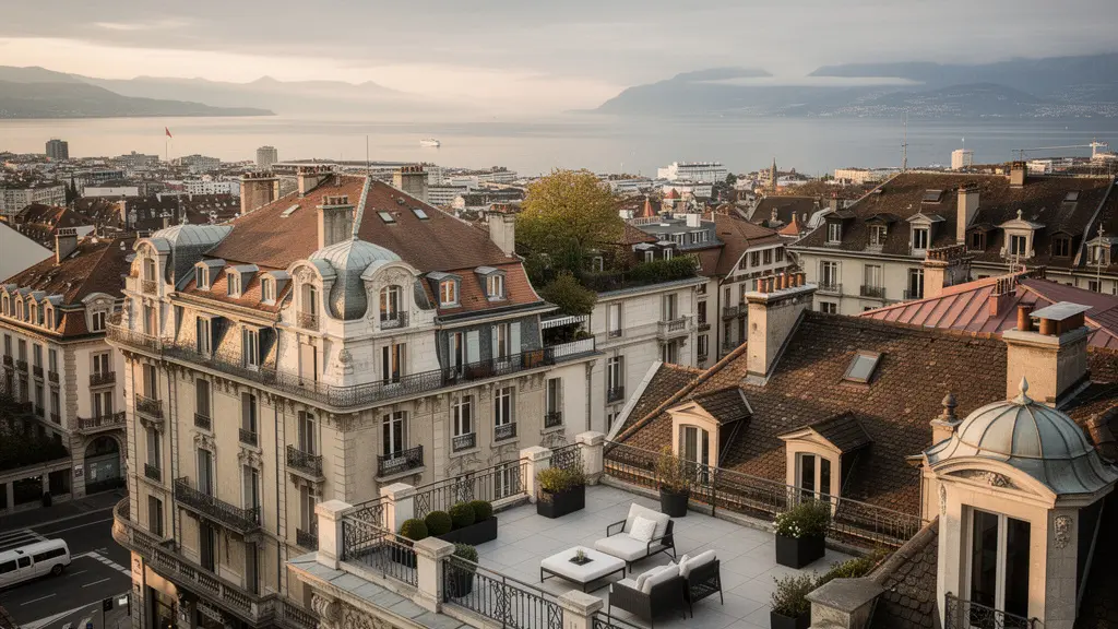 Vue panoramique sur Lausanne avec le lac Léman et immeubles de prestige en premier plan