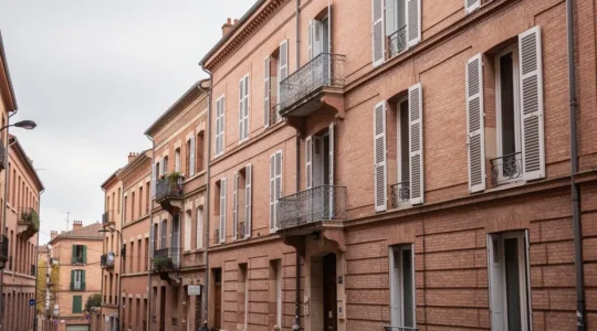 Façade d'immeuble résidentiel en briques roses typique de Toulouse avec balcons