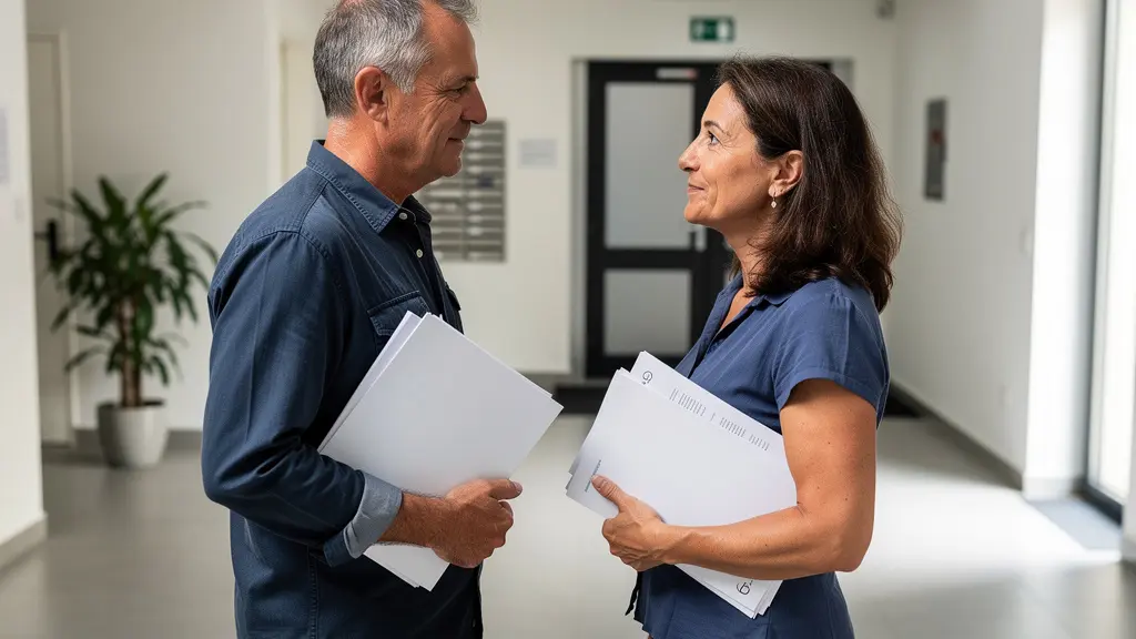 Deux copropriétaires discutant dans le hall d'un immeuble résidentiel