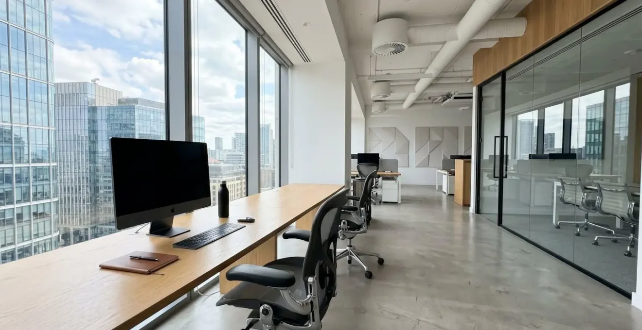 Bureau moderne d'agence immobilière vide avec un bureau épuré, un ordinateur éteint et de grandes fenêtres laissant entrer la lumière naturelle