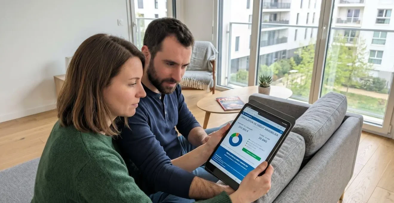 Un jeune couple assis sur un canapé contemporain consulte ensemble une simulation de crédit sur une tablette, vu de trois-quarts dans un salon lumineux