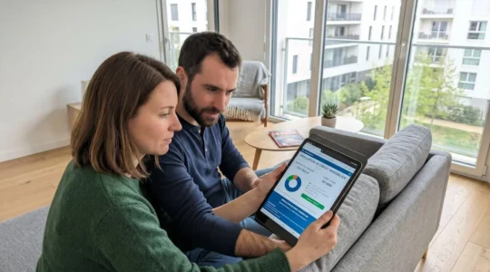 Un jeune couple assis sur un canapé contemporain consulte ensemble une simulation de crédit sur une tablette, vu de trois-quarts dans un salon lumineux