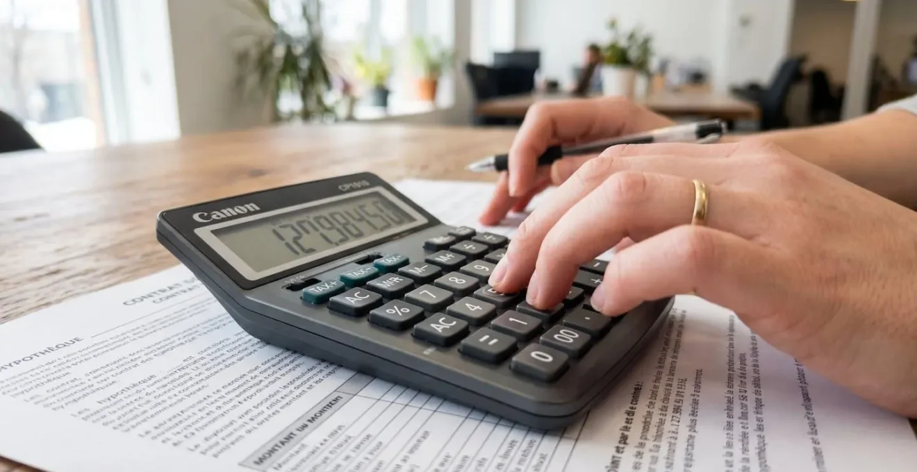 Gros plan sur des mains tapant sur une calculatrice professionnelle posée sur des documents de prêt immobilier dont le texte est complètement flouté, sur un bureau en bois clair