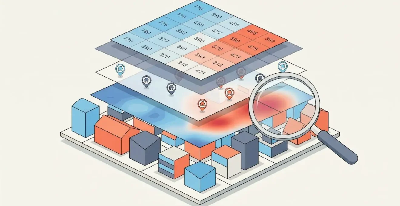Illustration isométrique d'un quartier urbain avec trois calques de données translucides superposés (carte thermique, points géolocalisés, grille de prix) et une loupe agrandissant la zone de convergence.