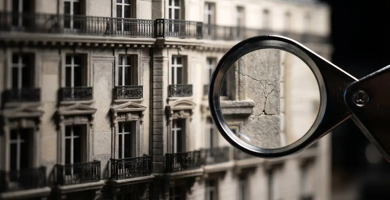 Photographie macro d'une maquette architecturale d'immeuble avec une loupe de bijoutier agrandissant des micro-détails de la façade (fissures, imperfections) invisibles à l'œil nu.